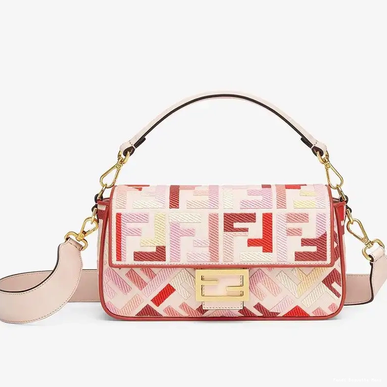 Cheap Affordable FF Fendi Motif Pink Baguette Red Bag In Canvas Medium 0216