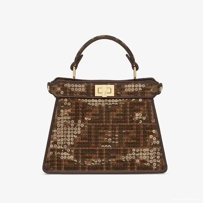 Cheap Affordable Peekaboo ISeeU Bag Fendi Petite Sequins with Brown Motif FF Fabric In 0218