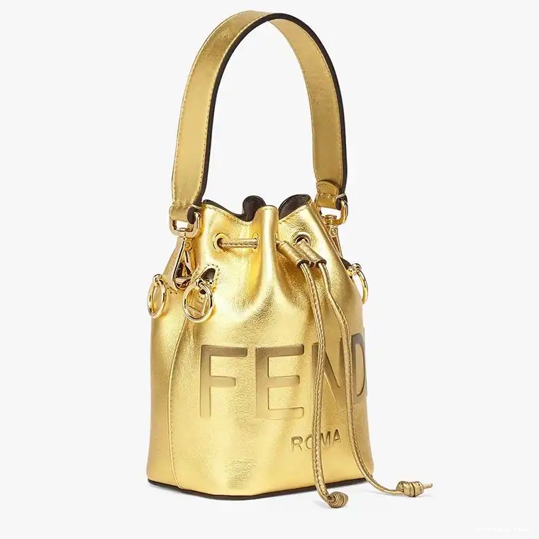 Affordable Affordable ROMA Gold Fendi Logo Leather Bucket Mon Calf Tresor Bag Mini In 0220