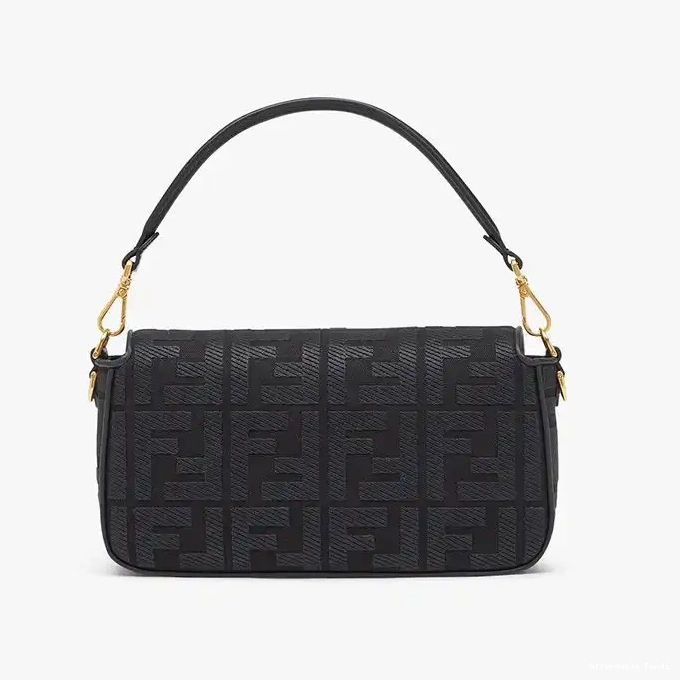 Cheap Affordable Black Laser Motif Canvas Bag Baguette In Strap Cut with FF Medium Fendi 0213