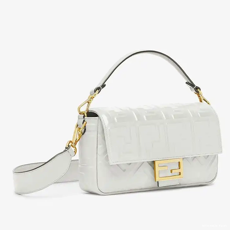 Cheap Affordable Leather Bag White Fendi In Motif Medium Baguette Nappa FF 0209