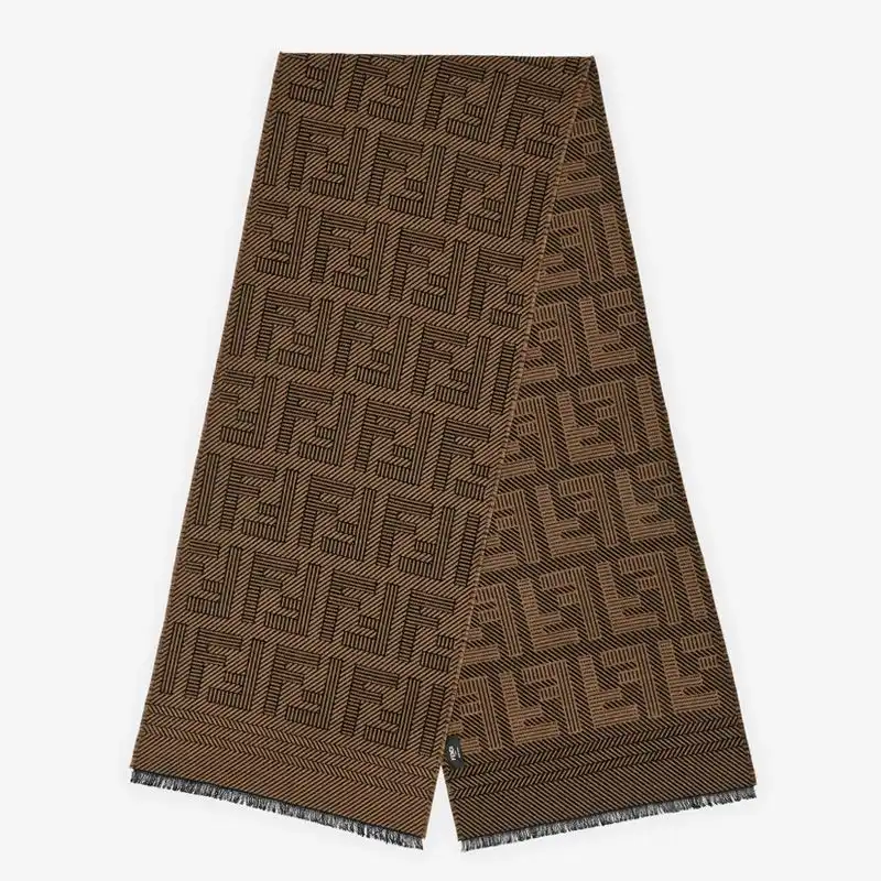 Affordable Fendi FF Rectangular Scarf Man In Wool and Silk Brown 0201