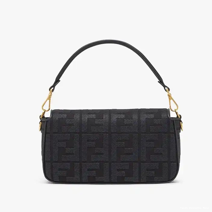 Affordable Affordable FF Cut Laser with In Motif Fendi Bag Baguette Canvas Black Medium Strap 0225