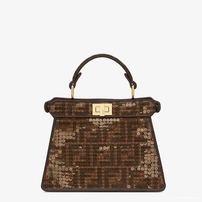 Cheap Affordable Peekaboo ISeeU Bag Fendi Petite Sequins with Brown Motif FF Fabric In 0218