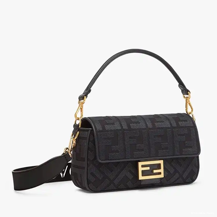 Affordable Affordable FF Strap Motif Laser Canvas In Baguette Medium Cut Black with Bag Fendi 0224