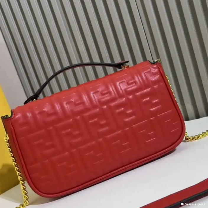 Affordable Affordable Fendi Nappa FF Bag Motif Chain Red Midi Leather In Baguette 0217