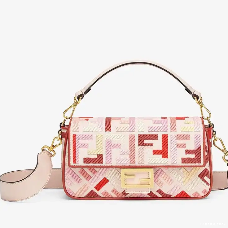 Cheap Affordable Fendi Motif Medium Red Canvas Pink In Baguette Bag FF 0211