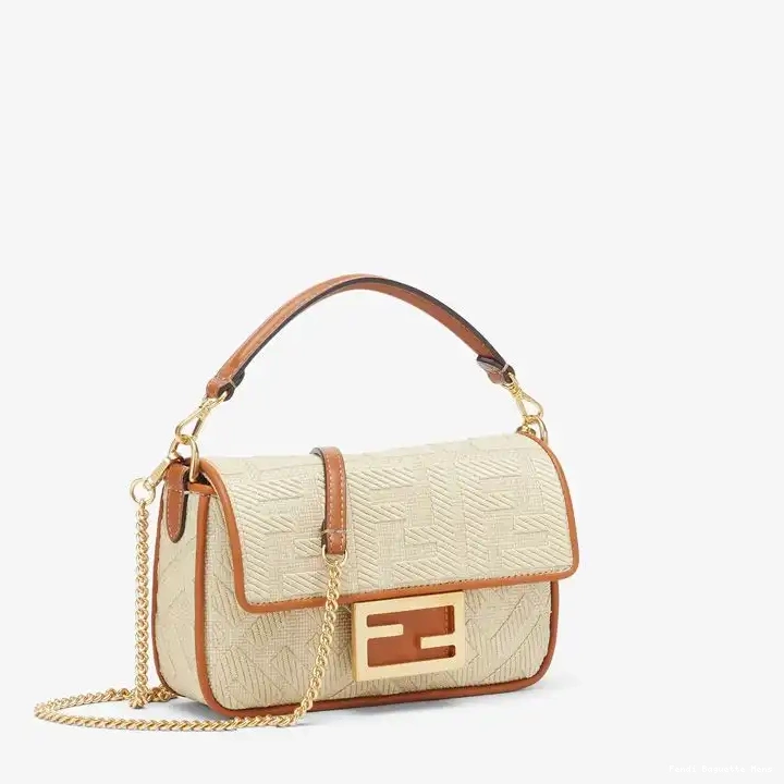 Cheap Affordable FF Fendi Straw Bag Beige In Motif Baguette Mini 0210