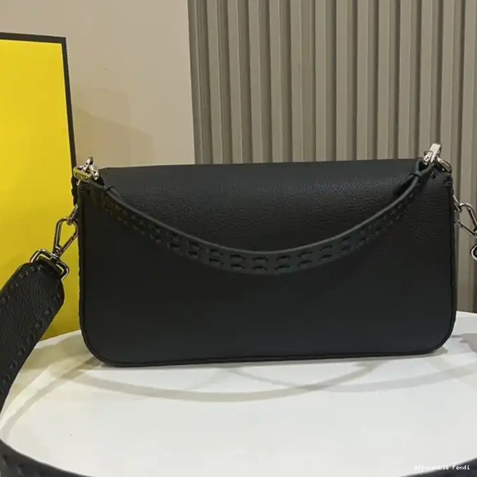 Cheap Affordable Medium Black Leather In Selleria Cuoio Baguette Romano Fendi Bag 0209