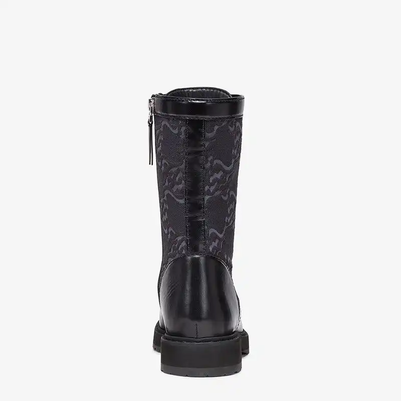 Cheap Affordable Fendi Signture Biker Boots Women Leather with FF Karligraphy Motif Fabric Black 0203