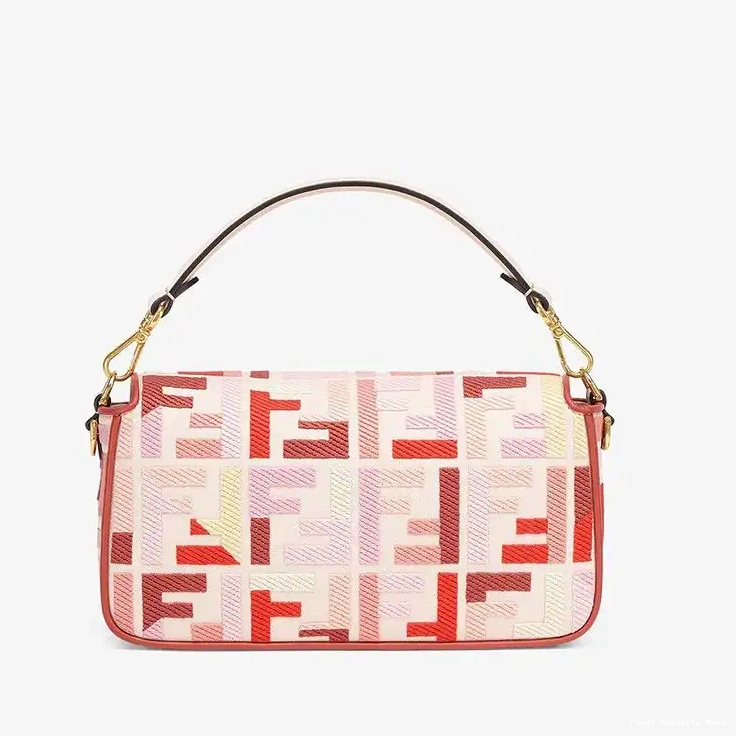 Cheap Affordable FF Fendi Motif Pink Baguette Red Bag In Canvas Medium 0216