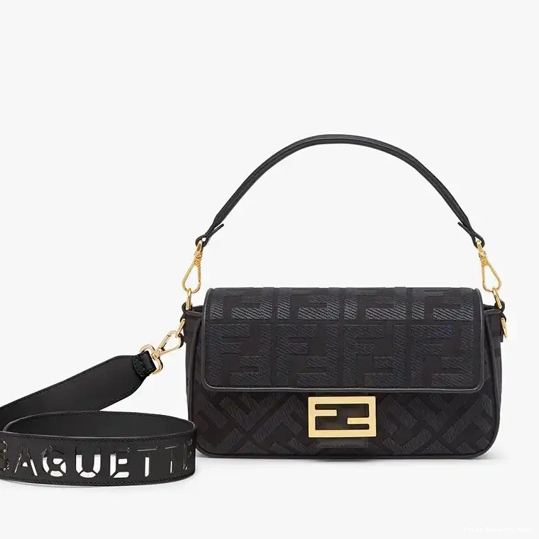 Affordable Affordable FF Cut Laser with In Motif Fendi Bag Baguette Canvas Black Medium Strap 0225