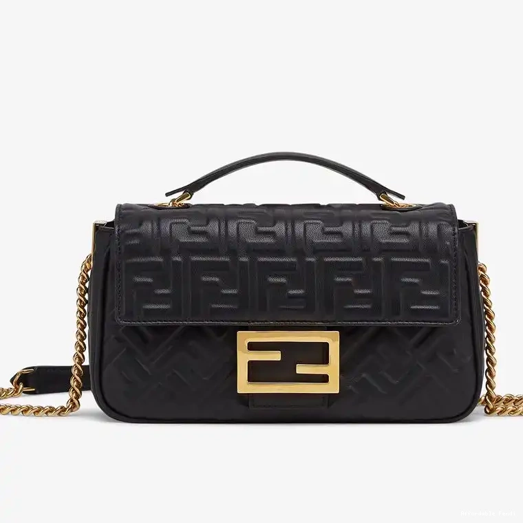 Cheap Affordable Nappa Midi Fendi In Motif FF Baguette Leather Chain Black Bag 0217