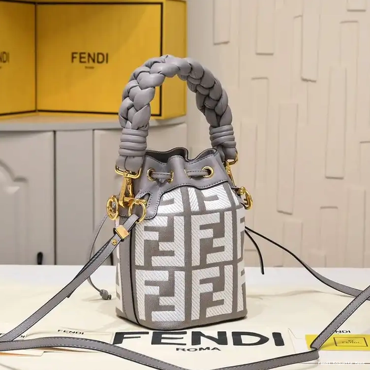 Affordable Affordable Grey with Bag Tresor Woven Fendi In FF Mini Handle Canvas Motif Mon Bucket 0221