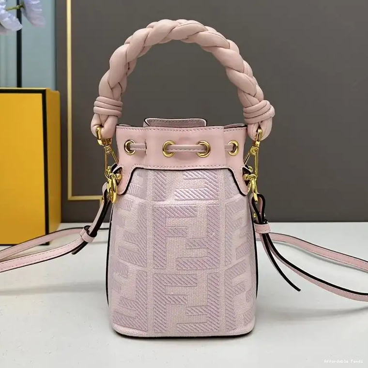 Cheap Affordable Motif Handle Mini Fendi Bag Bucket Canvas FF with Tresor In Pink Woven Mon 0220