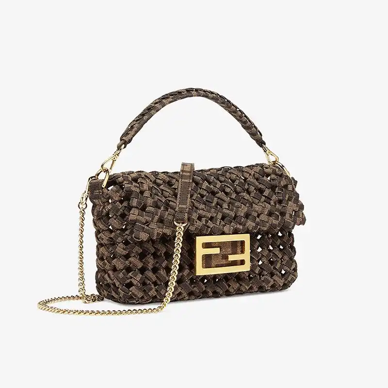 Cheap Affordable Fendi Mini Baguette Bag In Fabric Interlace Coffee 0204