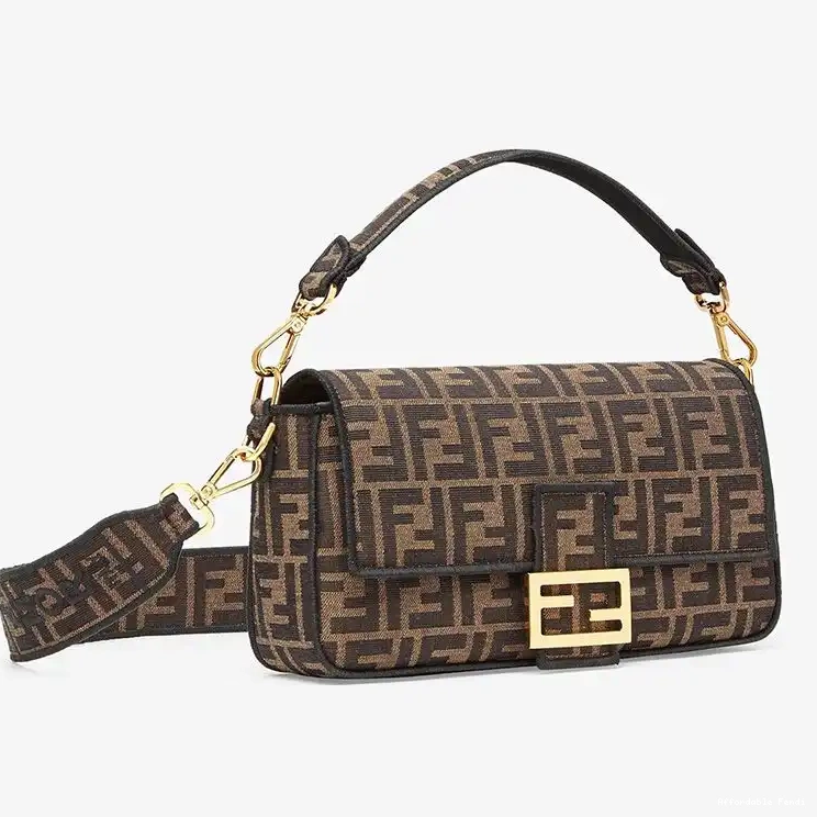 Cheap Affordable Fabric Motif Baguette FF Bag Medium Brown Fendi In 0224