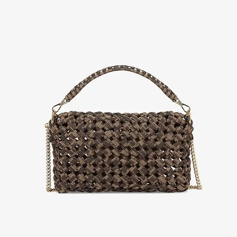 Cheap Affordable Fendi Mini Baguette Bag In Fabric Interlace Coffee 0204