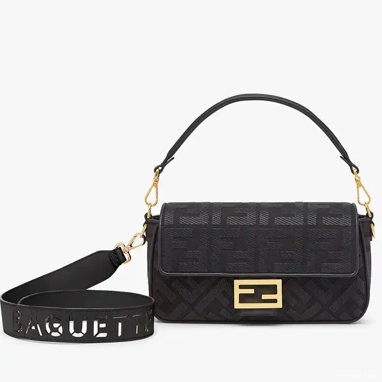 Affordable Affordable FF Strap Motif Laser Canvas In Baguette Medium Cut Black with Bag Fendi 0224