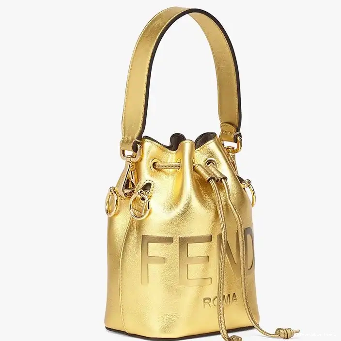 Cheap Affordable Fendi Calf Leather Bag Bucket Tresor ROMA Mon Logo Gold Mini In 0219