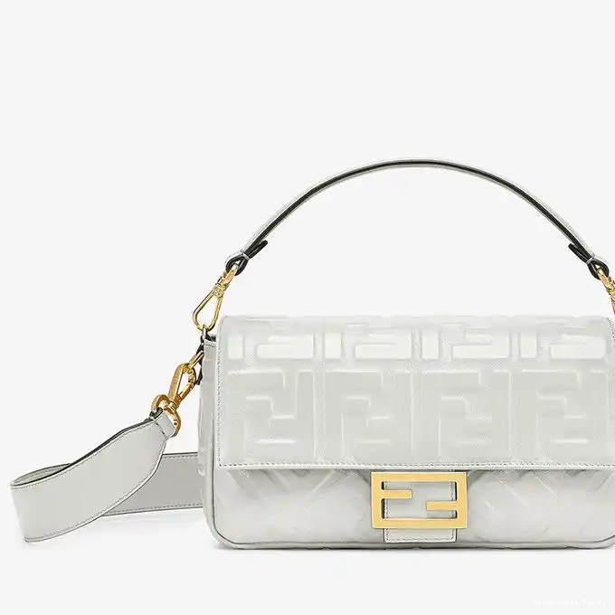 Cheap Affordable Leather Bag White Fendi In Motif Medium Baguette Nappa FF 0209