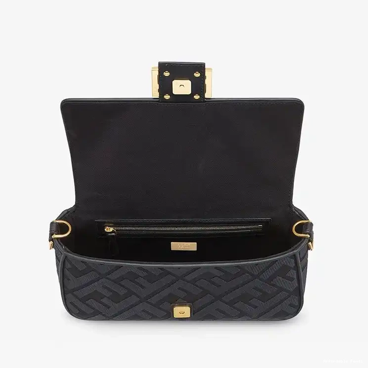 Affordable Affordable FF Strap Motif Laser Canvas In Baguette Medium Cut Black with Bag Fendi 0224