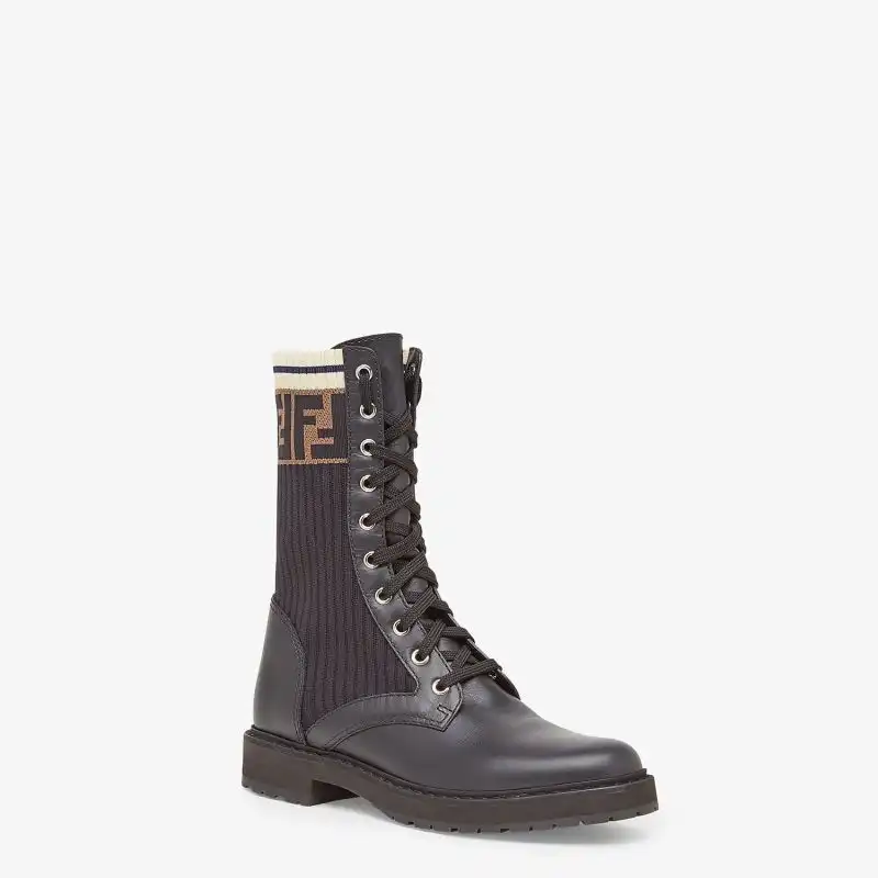 Affordable Affordable Fendi Rockoko Combat Boots Women Leather with FF Stripes Stretch Fabric Black White 0206