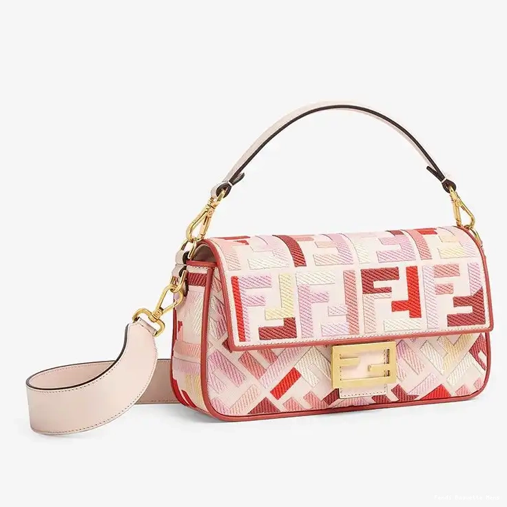 Cheap Affordable FF Fendi Motif Pink Baguette Red Bag In Canvas Medium 0216