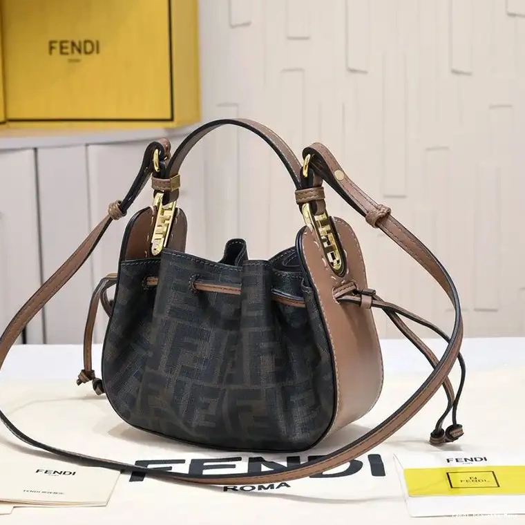 Affordable Affordable Brown In Pomodorino Motif Fabric Fendi Mini Bucket Bag FF 0223