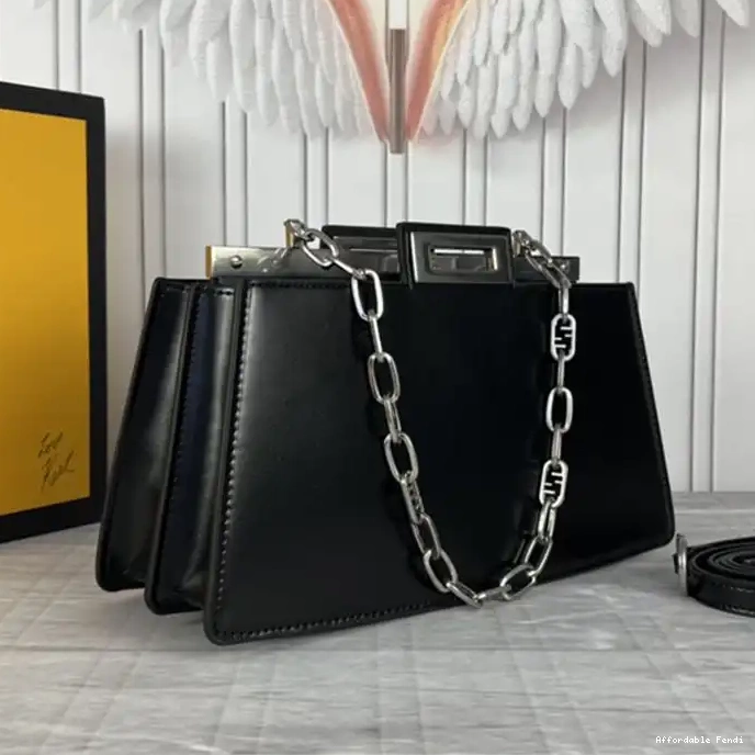 Cheap Affordable Calf Leather Bag Black In Peekaboo Cut Medium Fendi 0224