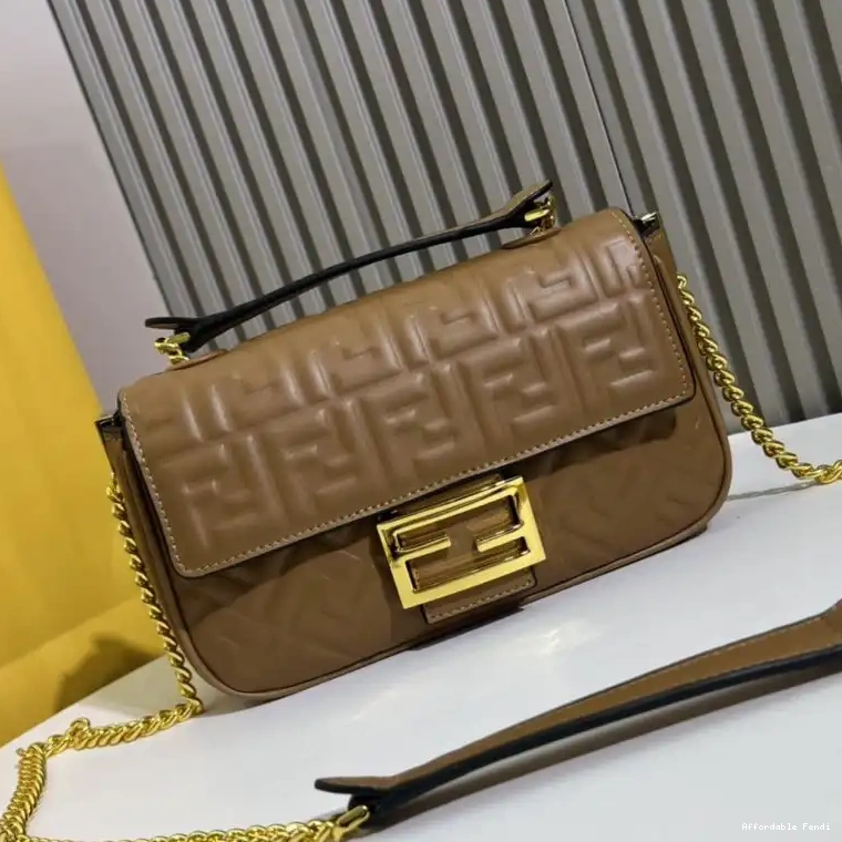 Affordable Affordable Nappa Fendi Leather Brown Motif FF In Bag Chain Midi Baguette 0224