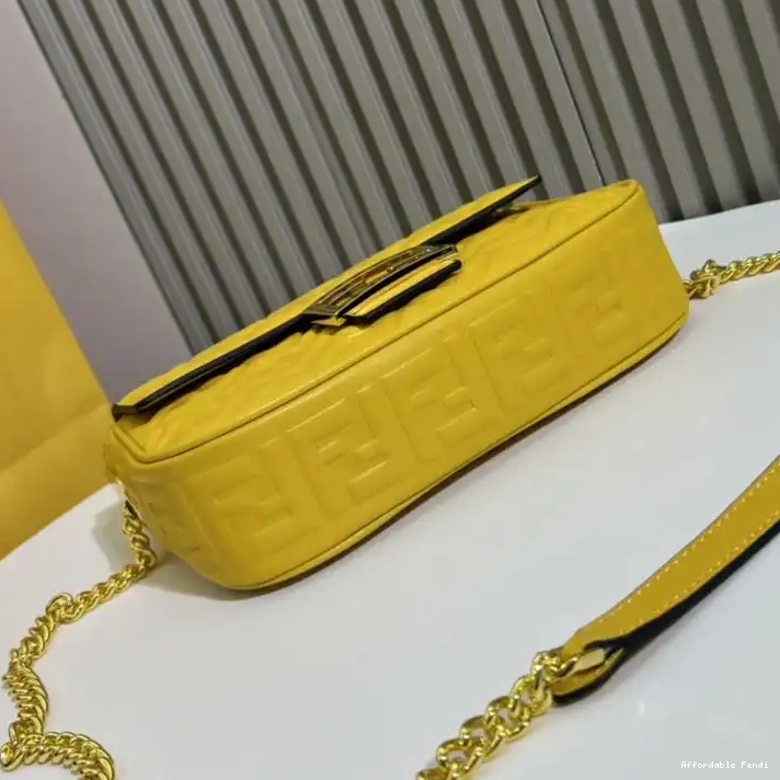 Cheap Affordable Motif In Nappa Fendi Leather FF Chain Bag Midi Yellow Baguette 0210