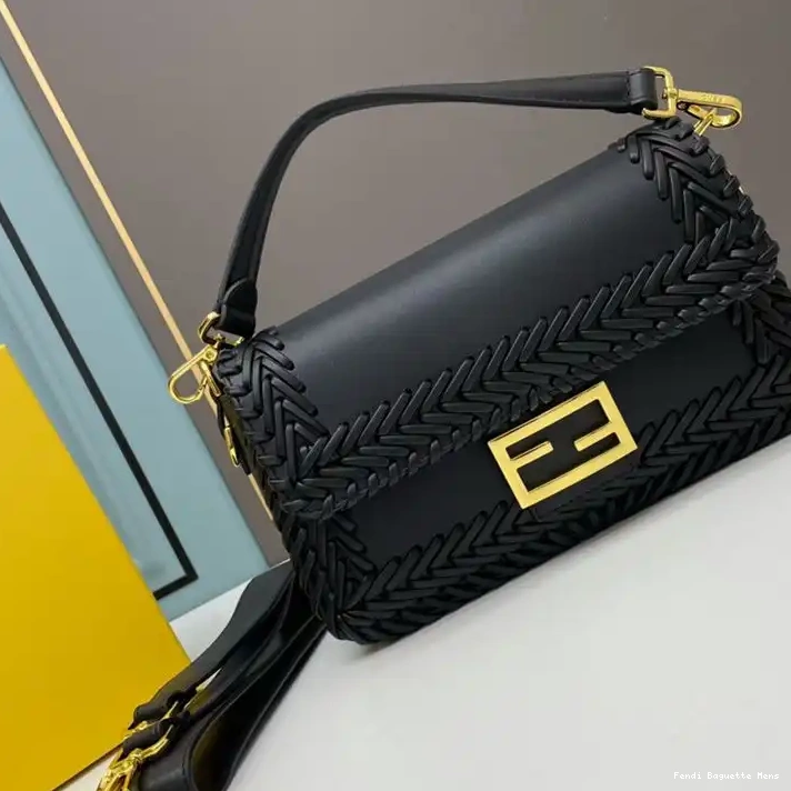 Affordable Affordable Fendi Stitching Medium Baguette In Leather Black Bag 0215