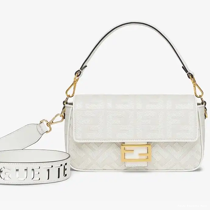 Affordable Affordable Laser Fendi Baguette Canvas White with In Motif FF Medium Bag Strap Cut 0225