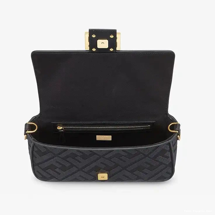 Affordable Affordable FF Cut Laser with In Motif Fendi Bag Baguette Canvas Black Medium Strap 0225