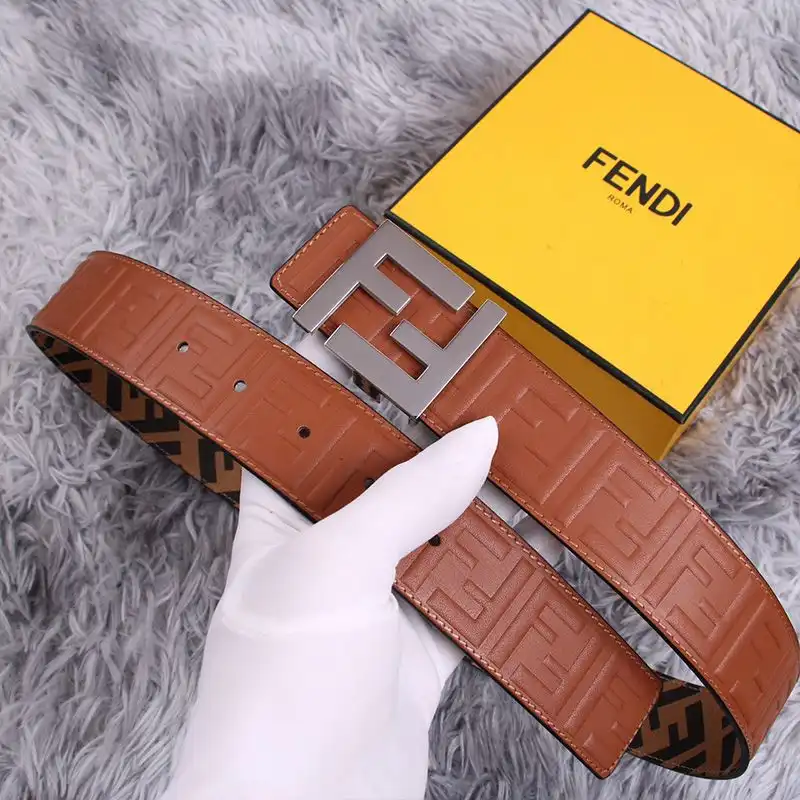 Cheap Affordable Fendi FF Buckle Reversible Belt In FF Motif Fabric and FF Motif Nappa Leather Brown Silver 0202