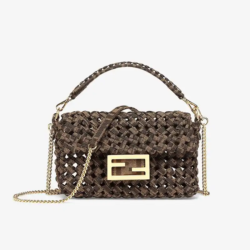 Cheap Affordable Fendi Mini Baguette Bag In Fabric Interlace Coffee 0204