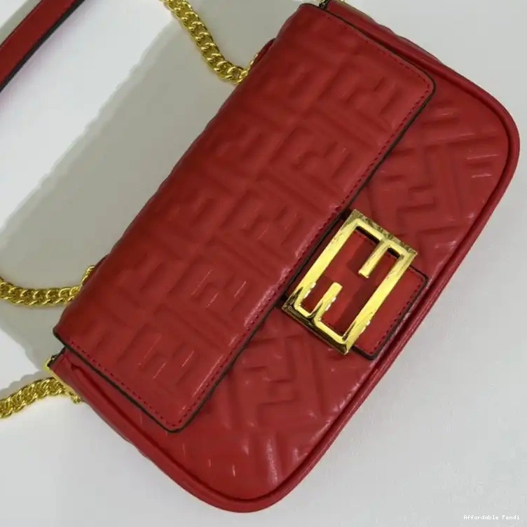 Affordable Affordable Fendi Nappa FF Bag Motif Chain Red Midi Leather In Baguette 0217