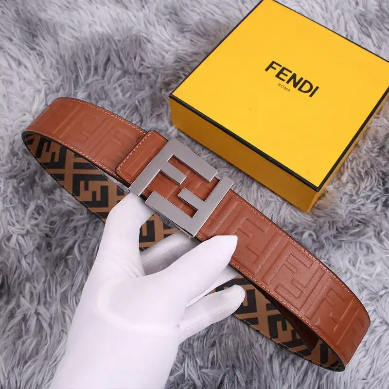 Cheap Affordable Fendi FF Buckle Reversible Belt In FF Motif Fabric and FF Motif Nappa Leather Brown Silver 0202