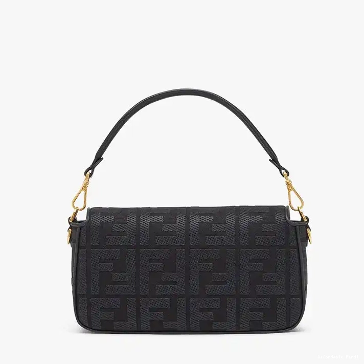 Affordable Affordable FF Strap Motif Laser Canvas In Baguette Medium Cut Black with Bag Fendi 0224