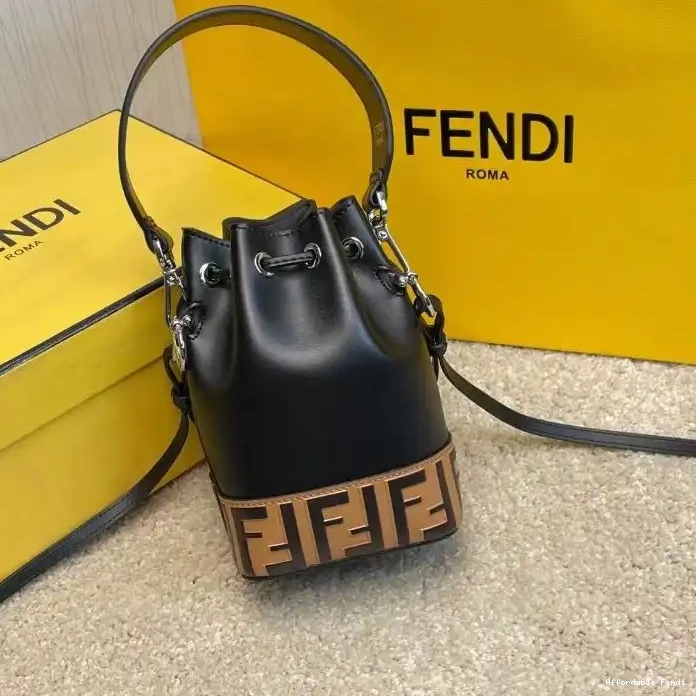 Affordable Affordable Brown Bucket Mini Bag FF Fendi In Tresor Motif Mon Black Leather Calf 0217