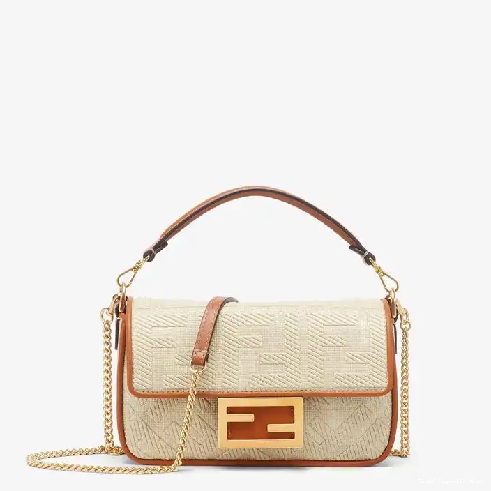 Cheap Affordable FF Fendi Straw Bag Beige In Motif Baguette Mini 0210