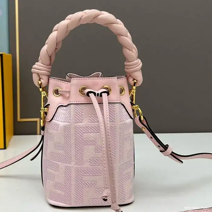 Cheap Affordable Motif Handle Mini Fendi Bag Bucket Canvas FF with Tresor In Pink Woven Mon 0220