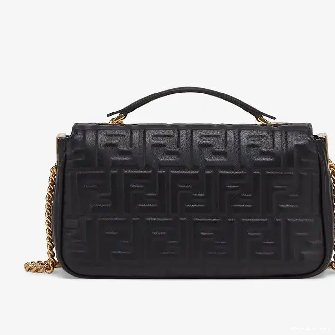 Cheap Affordable Nappa Midi Fendi In Motif FF Baguette Leather Chain Black Bag 0217