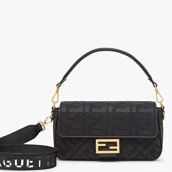 Affordable Affordable Bag Canvas FF Strap In Motif with Fendi Baguette Cut Medium Laser Black 0210