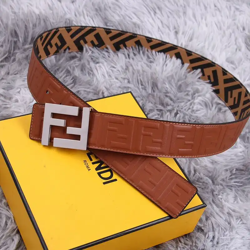 Cheap Affordable Fendi FF Buckle Reversible Belt In FF Motif Fabric and FF Motif Nappa Leather Brown Silver 0202