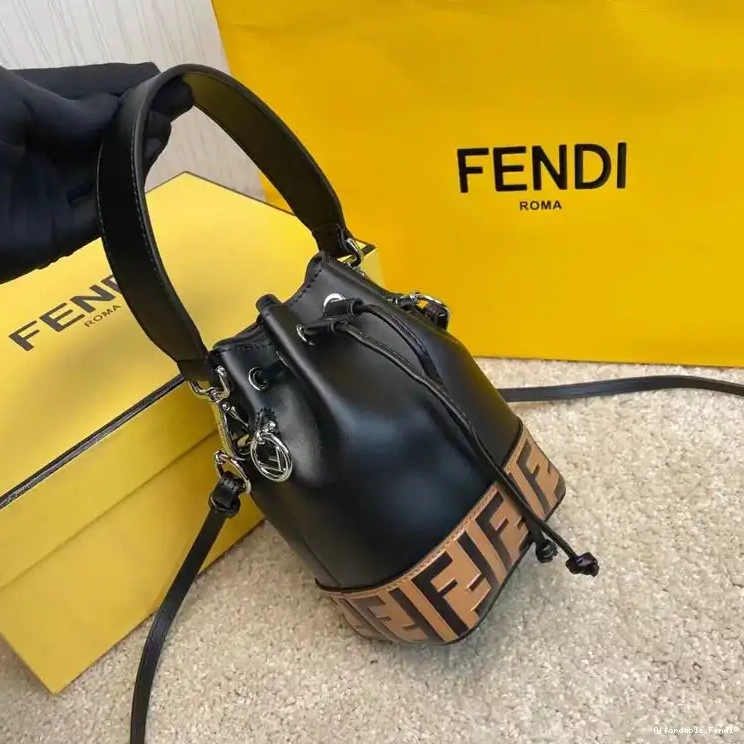 Affordable Affordable Brown Bucket Mini Bag FF Fendi In Tresor Motif Mon Black Leather Calf 0217