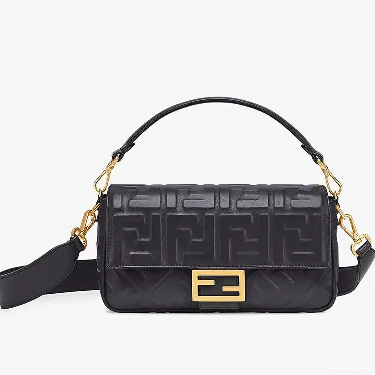 Affordable Affordable Medium Leather Motif Baguette Bag FF Black In Nappa Fendi 0208