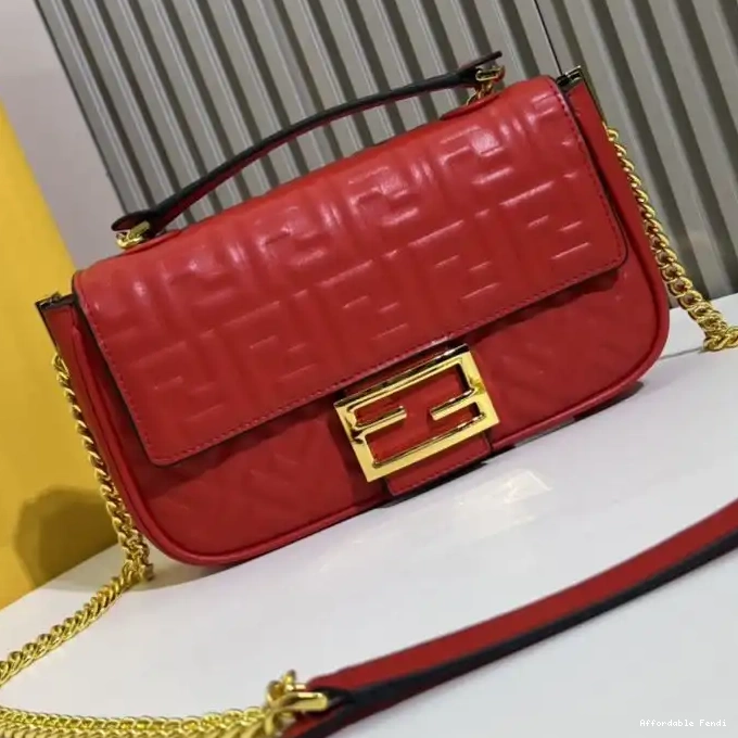 Affordable Affordable Fendi Nappa FF Bag Motif Chain Red Midi Leather In Baguette 0217