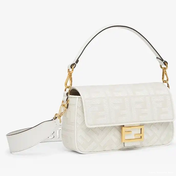 Affordable Affordable Laser Fendi Baguette Canvas White with In Motif FF Medium Bag Strap Cut 0225